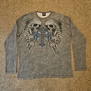 MMA Elite Shirt Mens XXL Y2K Skulls Cross Grunge Gothic Grey Long Sleeve Thermal